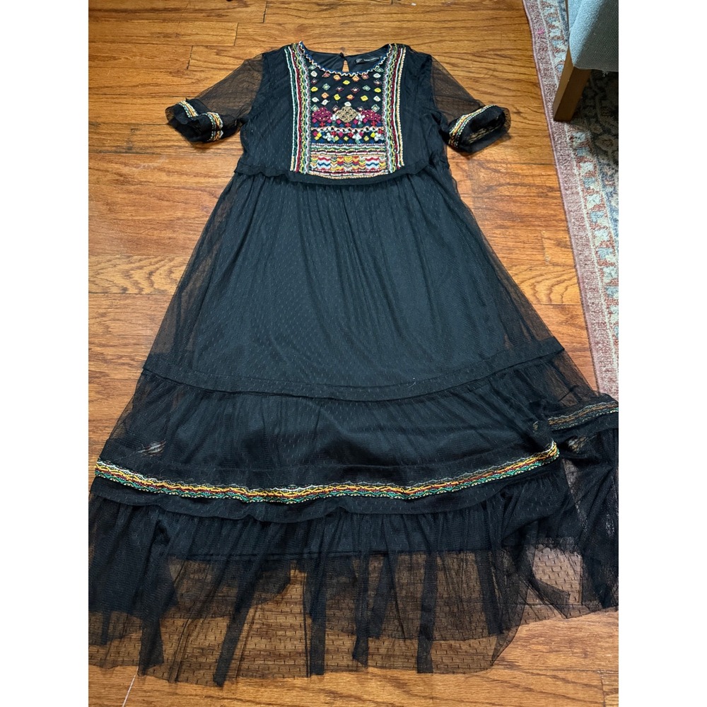 Zara Trafaluc Black Mesh Beaded Boho Maxi Dress Embroidered Tulle Tiered Medium